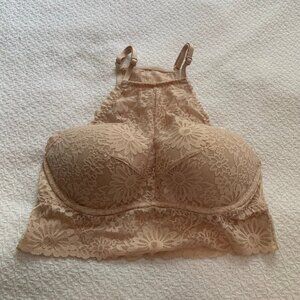 PINK Victoria's Secret Tan Floral Lace High Neck‎ Bralette Small Molded Cups